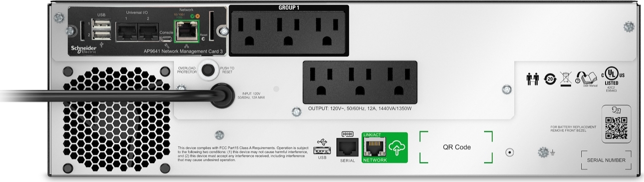 APC Smart-UPS, Line Interactive, 1500VA, Lithium-ion, Rackmount 3U, 120V, 6x NEMA 5-15R outlets, SmartConnect Port+Network Card, Short Depth, AVR, LCD View 4