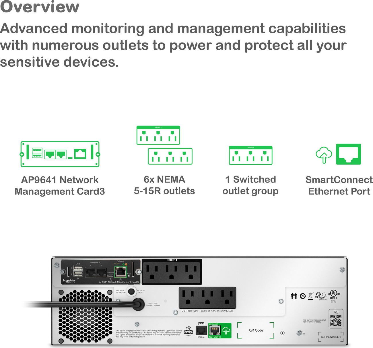 APC Smart-UPS, Line Interactive, 1500VA, Lithium-ion, Rackmount 3U, 120V, 6x NEMA 5-15R outlets, SmartConnect Port+Network Card, Short Depth, AVR, LCD View 6