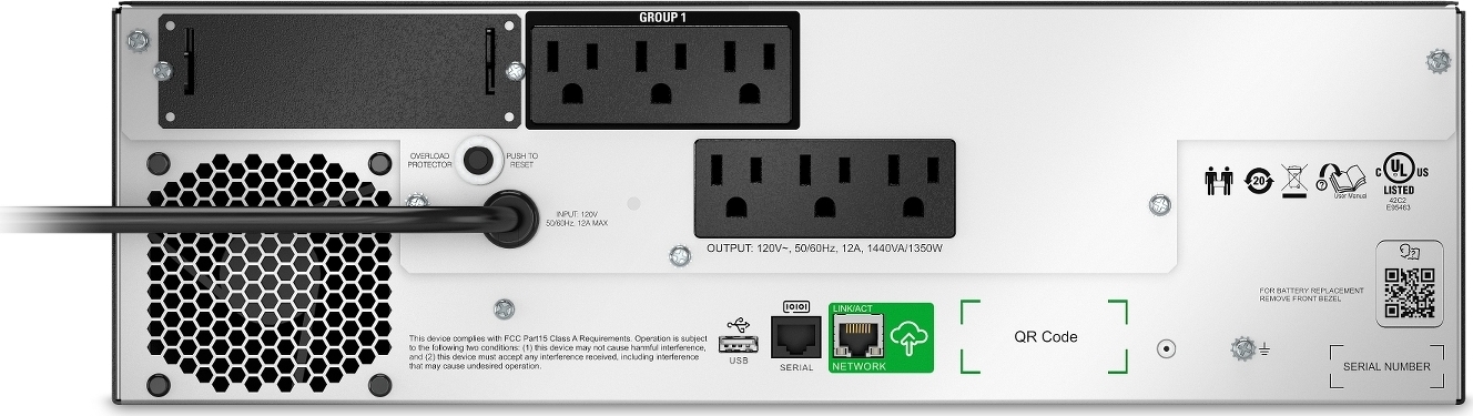 APC Smart-UPS, Line Interactive, 1500VA, Lithium-ion, Rackmount 3U, 120V, 6x NEMA 5-15R outlets, SmartConnect Port+SmartSlot, AVR, LCD [TAA] Front View