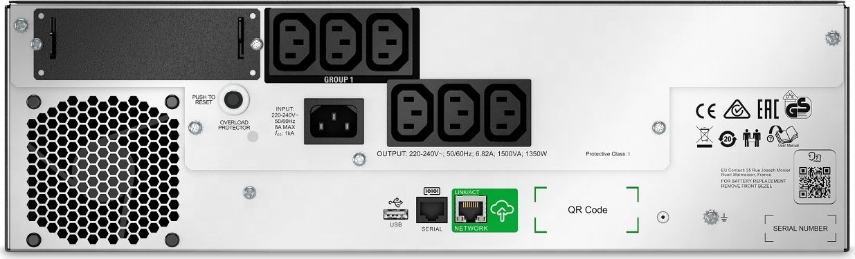 APC Smart-UPS, Line Interactive, 1500VA, Lithium-ion, Rackmount 3U, 230V, 6x IEC C13 outlets, SmartConnect Port+SmartSlot, Short Depth, AVR, LCD Hardware Detail
