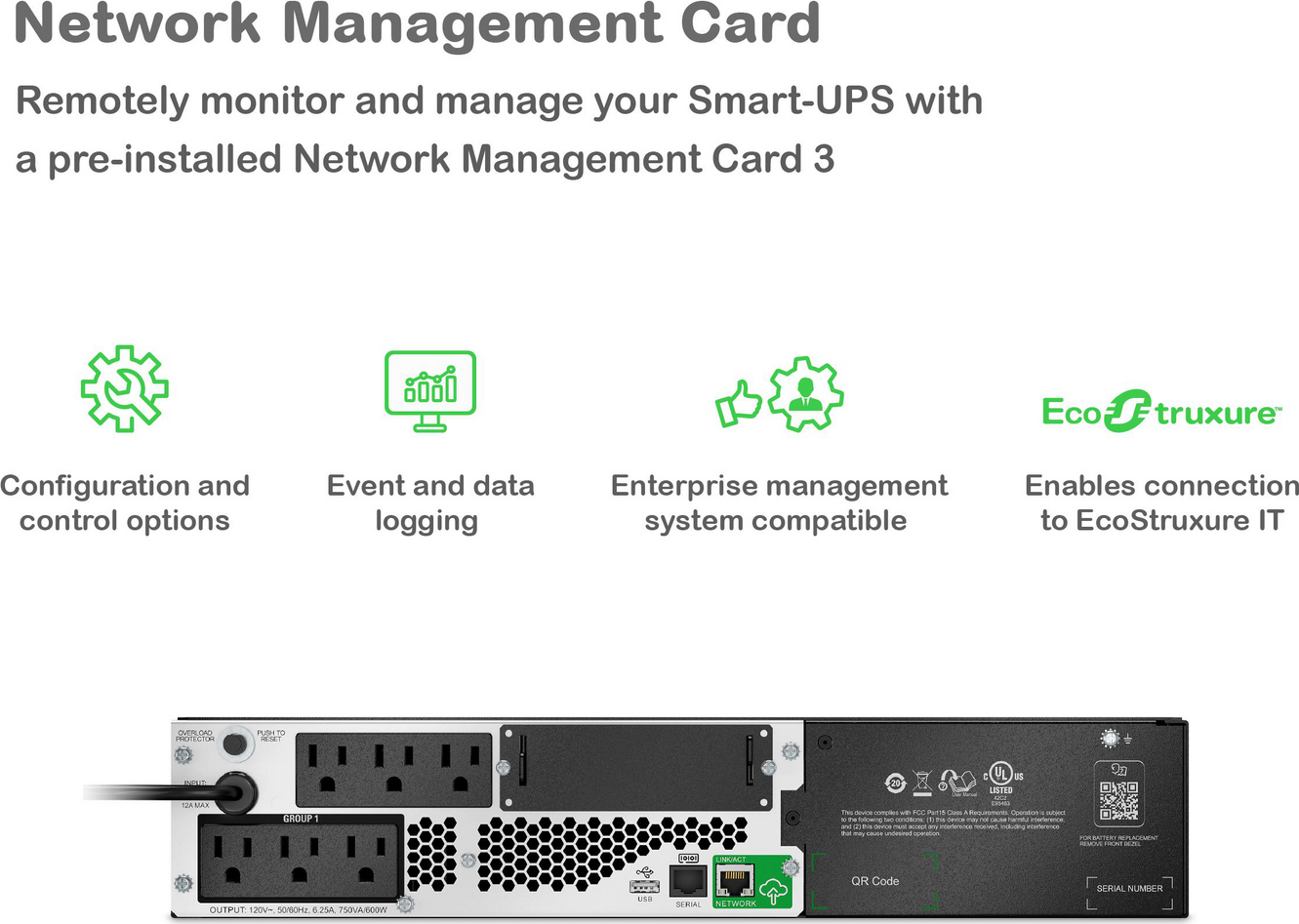 APC Smart-UPS, Line Interactive, 2200VA, Lithium-ion, Rackmount 2U, 120V, 2x NEMA 5-20R+6x NEMA 5-15R outlets, SmartConnect Port+Network Card, AVR View 12