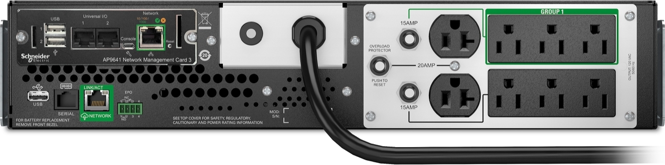 APC Smart-UPS, Line Interactive, 2200VA, Lithium-ion, Rackmount 2U, 120V, 2x NEMA 5-20R+6x NEMA 5-15R outlets, SmartConnect Port+Network Card, AVR Hardware Detail