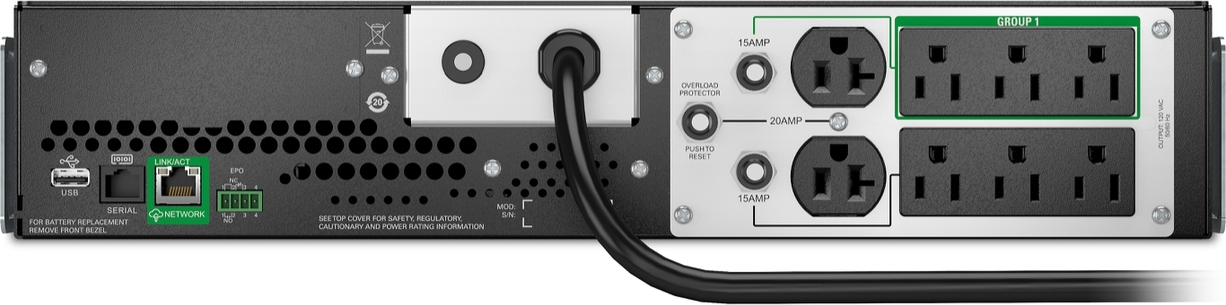 APC Smart-UPS, Line Interactive, 2200VA, Lithium-ion, Rackmount 2U, 120V, 2x NEMA 5-20R+6x NEMA 5-15R outlets, SmartConnect Port+SmartSlot, AVR, LCD Hardware Detail