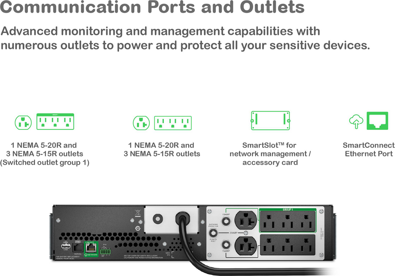 APC Smart-UPS, Line Interactive, 2200VA, Lithium-ion, Rackmount 2U, 120V, 2x NEMA 5-20R+6x NEMA 5-15R outlets, SmartConnect Port+SmartSlot, AVR, LCD View 7