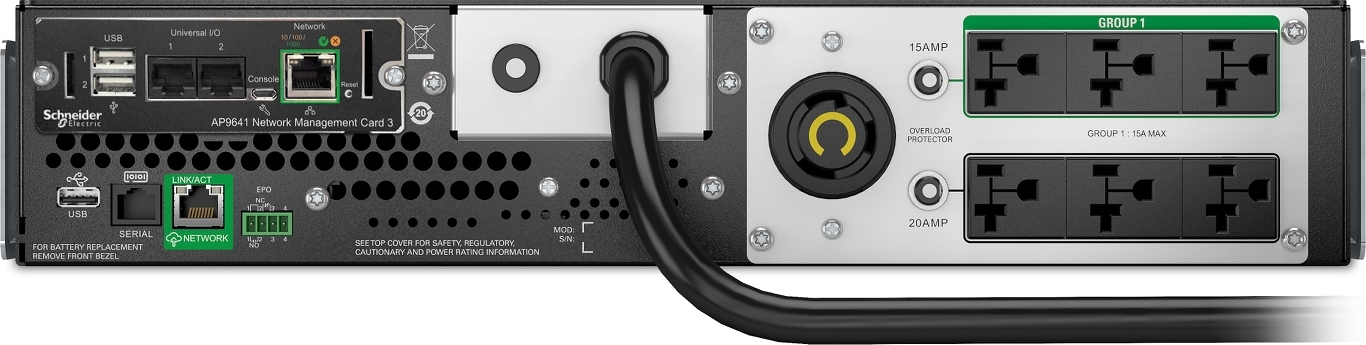 APC Smart-UPS, Line Interactive, 2200VA, Lithium-ion, Rackmount 2U, 120V, 1x NEMA L5-20R+6x NEMA 5-20R outlets, SmartConnect Port+Network Card, AVR Front View