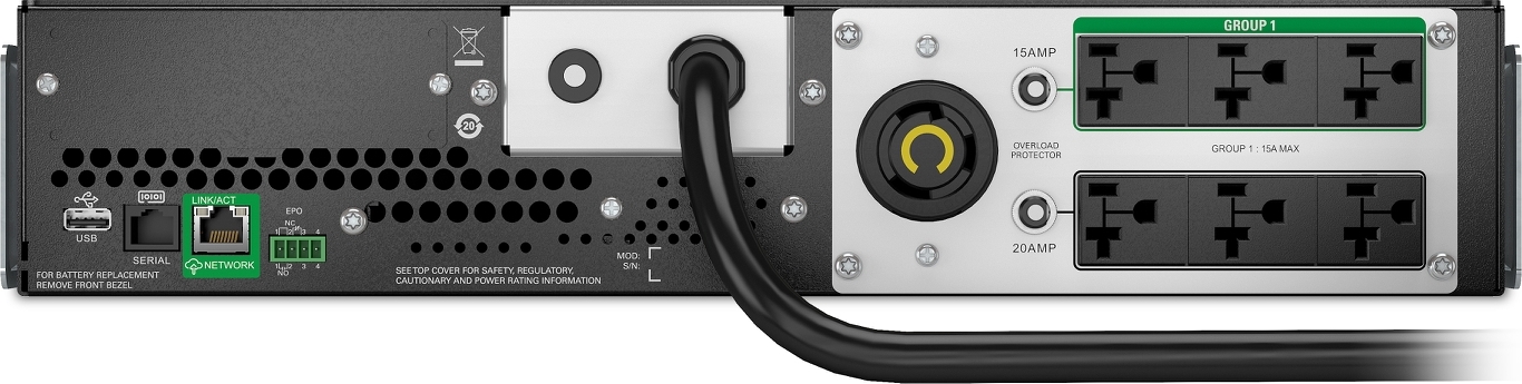 APC Smart-UPS, Line Interactive, 2200VA, Lithium-ion, Rackmount 2U, 120V, 1x NEMA L5-20R+6x NEMA 5-20R outlets, SmartConnect Port+SmartSlot, AVR, LCD Front View