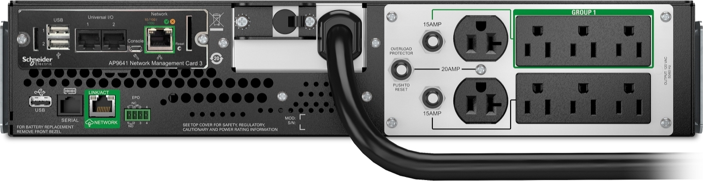 APC Smart-UPS, Line Interactive, 3kVA, Lithium-ion, Rackmount 2U, 120V, 2x NEMA 5-20R+6x NEMA 5-15R outlets, SmartConnect Port+Network Card, AVR, LCD Hardware Detail