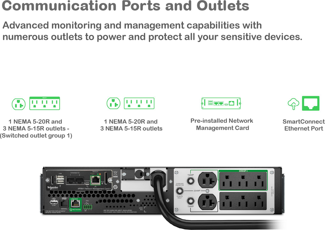 APC Smart-UPS, Line Interactive, 3kVA, Lithium-ion, Rackmount 2U, 120V, 2x NEMA 5-20R+6x NEMA 5-15R outlets, SmartConnect Port+Network Card, AVR, LCD View 5