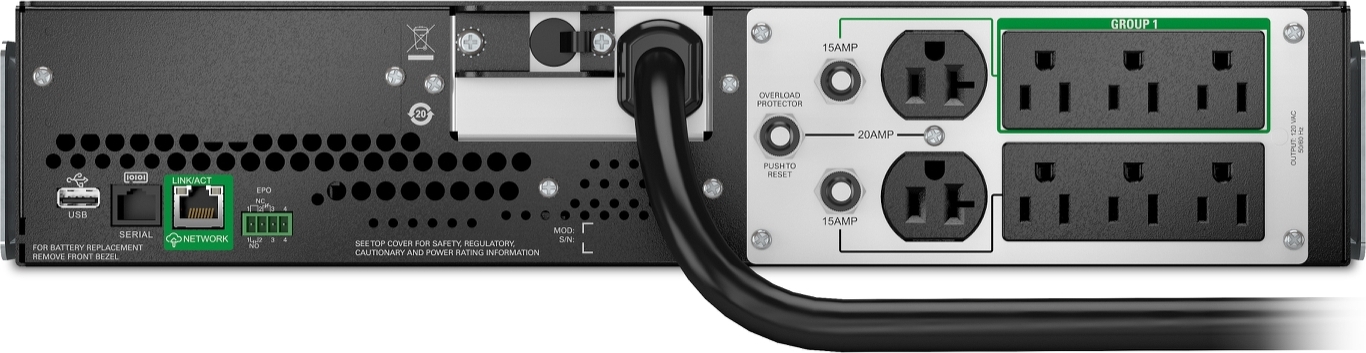 APC Smart-UPS, Line Interactive, 3kVA, Lithium-ion, Rackmount 2U, 120V, 2x NEMA 5-20R+6x NEMA 5-15R outlets, SmartConnect Port+SmartSlot, AVR, LCD Hardware Detail