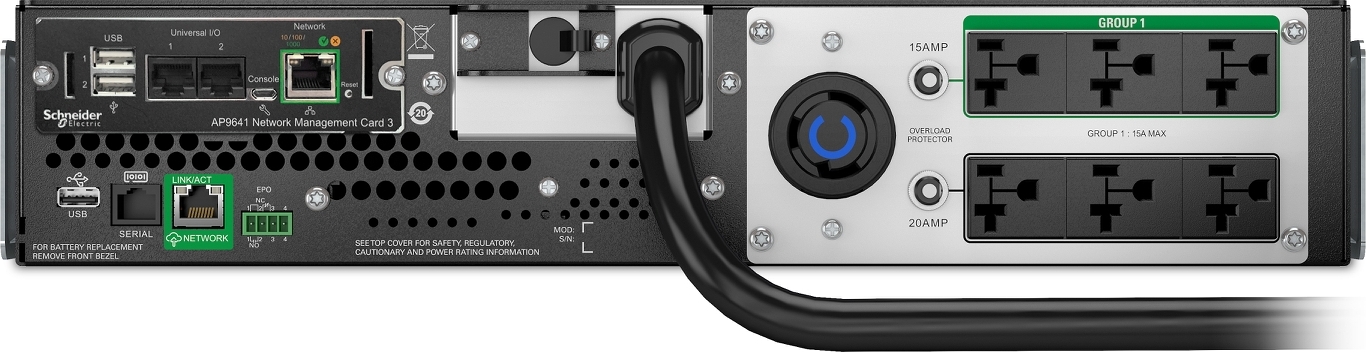 APC Smart-UPS, Line Interactive, 3kVA, Lithium-ion, Rackmount 2U, 120V, 1x NEMA L5-30R+6x NEMA 5-20R outlets, SmartConnect Port+Network Card, AVR, LCD Front View