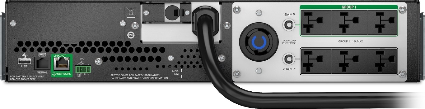 APC Smart-UPS, Line Interactive, 3kVA, Lithium-ion, Rackmount 2U, 120V, 1x NEMA L5-30R+6x NEMA 5-20R outlets, SmartConnect Port+SmartSlot, AVR, LCD Front View