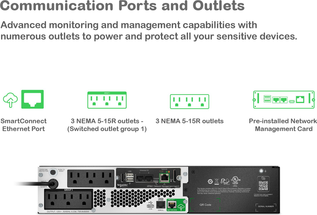 APC Smart-UPS, Line Interactive, 750VA, Lithium-ion, Rackmount 2U, 120V, 6x NEMA 5-15R outlets, SmartConnect Port+Network Card, Short Depth, AVR View 6