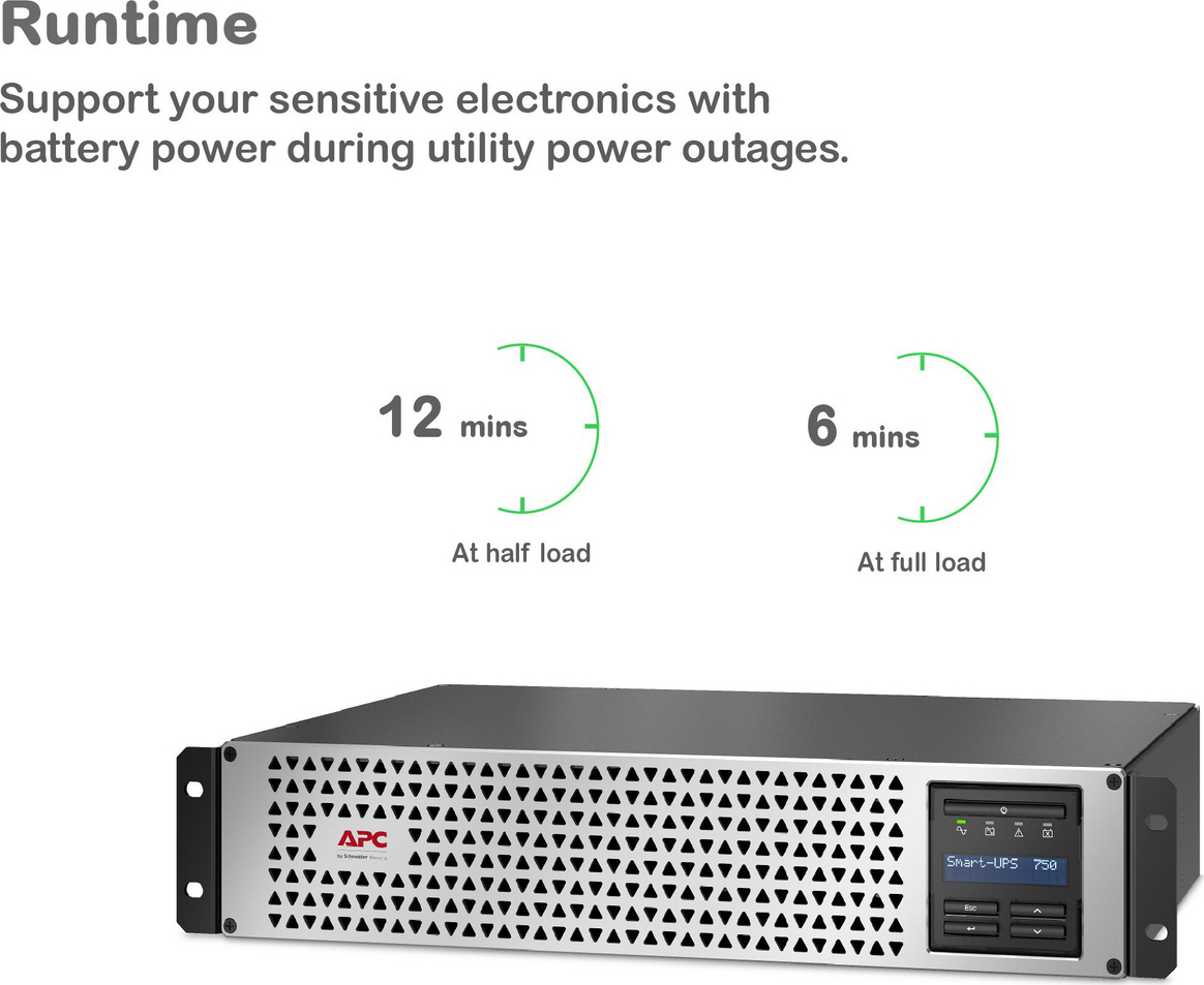 APC Smart-UPS, Line Interactive, 750VA, Lithium-ion, Rackmount 2U, 120V, 6x NEMA 5-15R outlets, SmartConnect Port+Network Card, Short Depth, AVR View 7