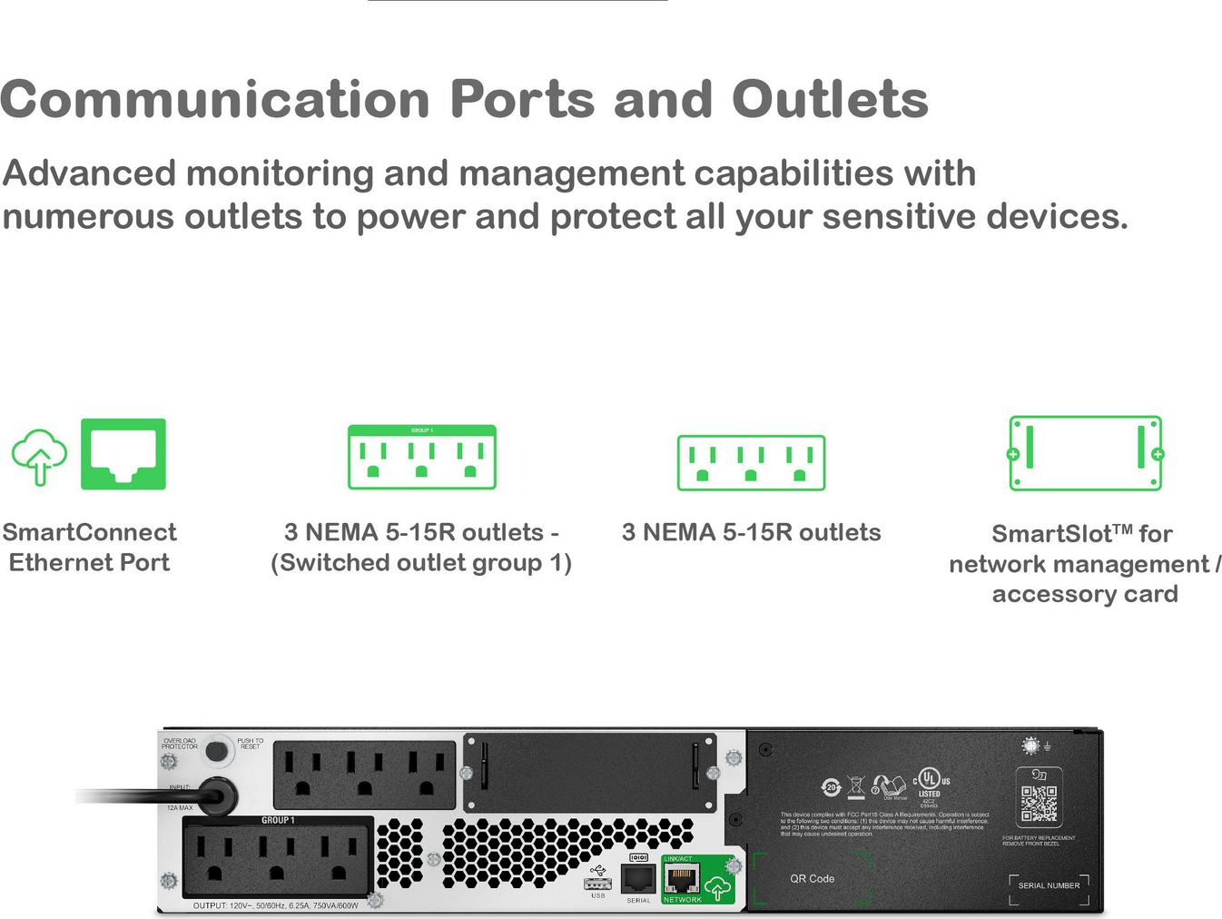 APC Smart-UPS, Line Interactive, 750VA, Lithium-ion, Rackmount 2U, 120V, 6x NEMA 5-15R outlets, SmartConnect Port+SmartSlot, Short Depth, AVR, LCD View 6