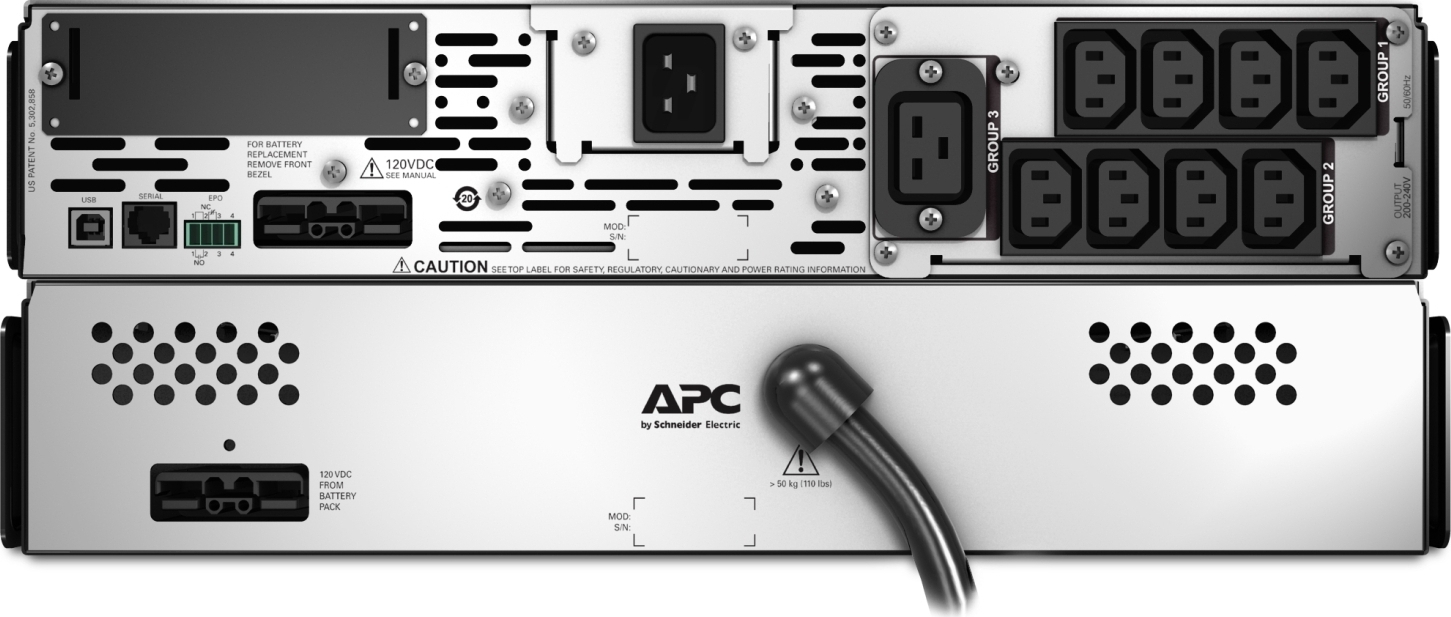 APC Smart-UPS X, Line Interactive, 2200VA, Rack/tower convertible 2U, 208V-230V, 8x C13+1x C19 IEC, Network card, Extended runtime Back View
