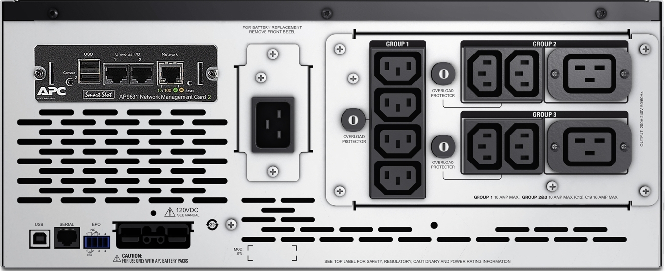 APC Smart-UPS X, Line Interactive, 3kVA, Rack/tower convertible 4U, 208V-230V, 8x C13+2x C19 IEC, Network card, Extended runtime View 8