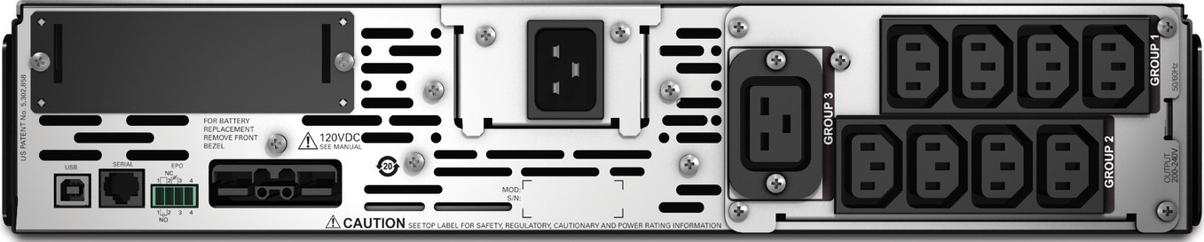 APC Smart-UPS X, Line Interactive, 3kVA, Rack/tower convertible 2U, 208V-230V, 8x C13+1x C19 IEC, SmartSlot, Extended runtime Back View
