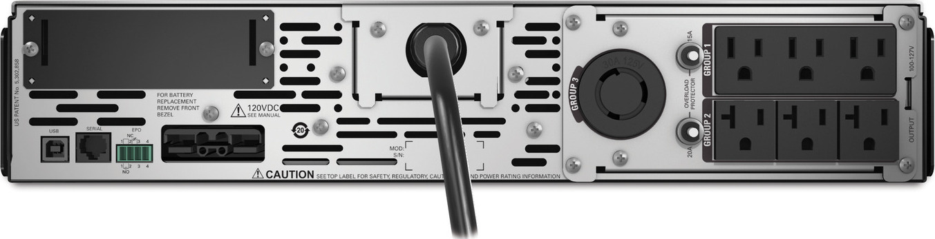 APC Smart-UPS X, Line Interactive, 3kVA, Rack/tower convertible 2U, 100V-127V, 3x 5-15R+3x 5-20R+1x L5-30R NEMA, SmartSlot, Extended runtime Back View