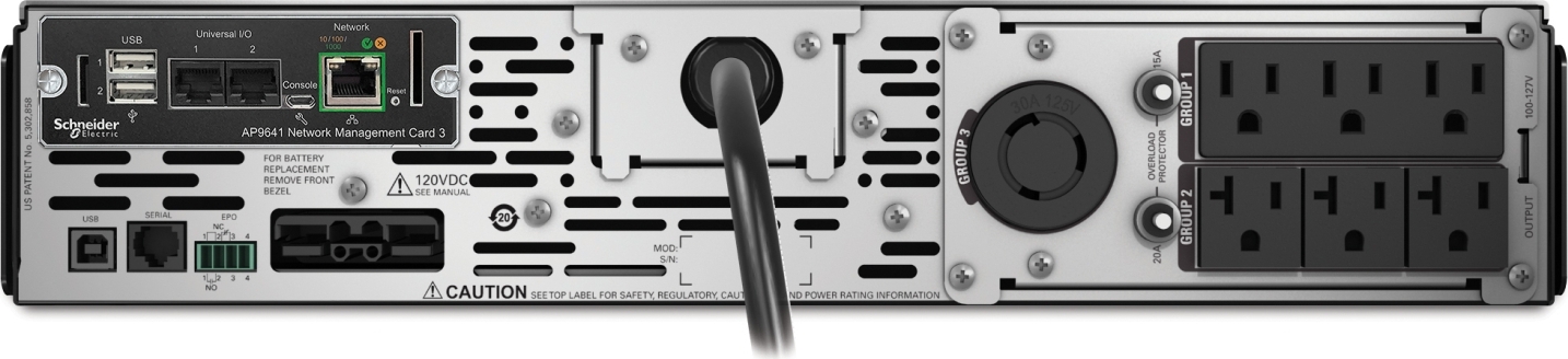 APC Smart-UPS X, Line Interactive, 3kVA, Rack/tower convertible 2U, 100V-127V, 3x 5-15R+3x 5-20R+1x L5-30R NEMA,NMC, Extended runtime,10ft input cord Back View