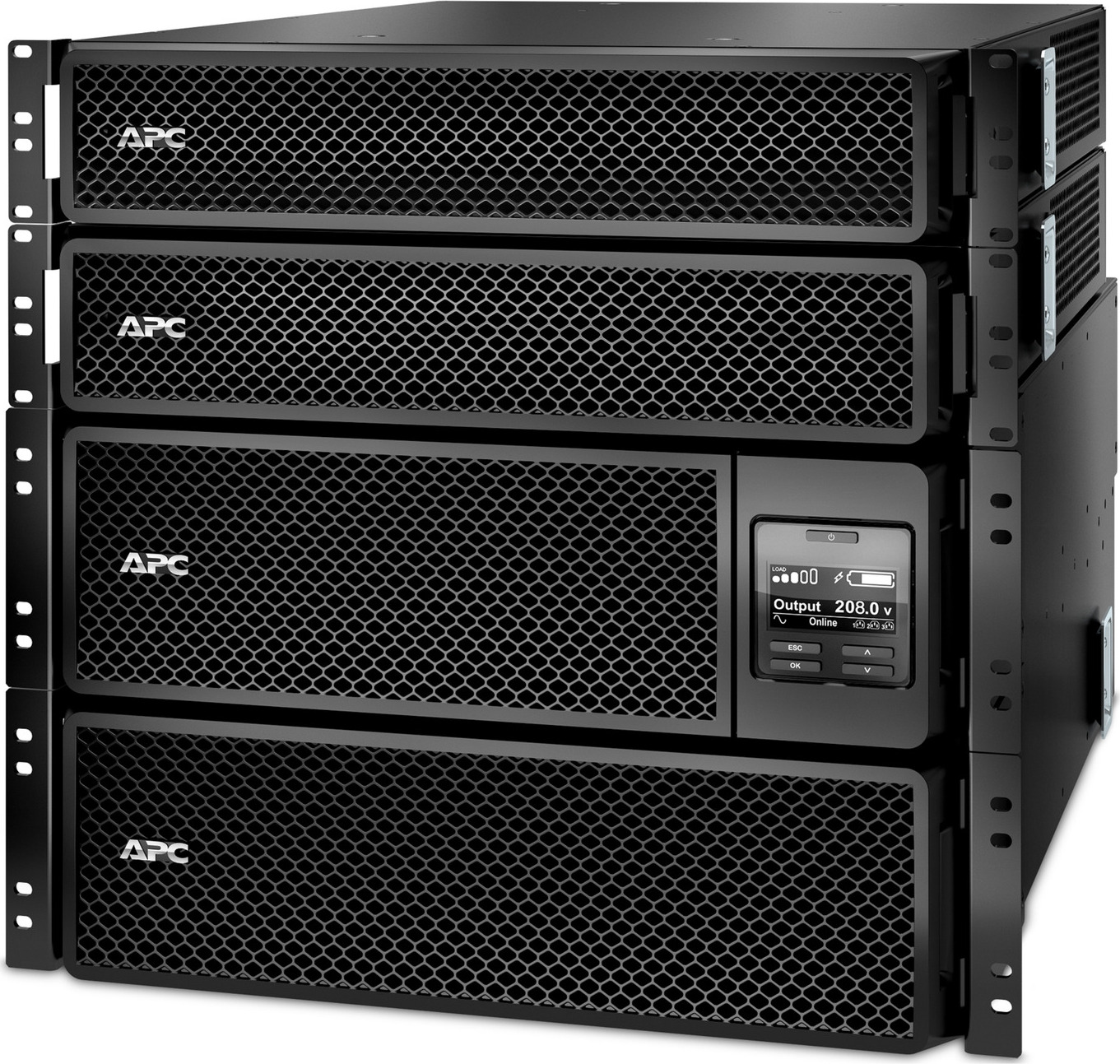 APC Smart-UPS On-Line, 10kVA/10kW, Rackmount 10U, 208V, 24x 5-20R+4x L6-30R NEMA, Network Card+SmartSlot, W/ rail kit, W/ 2 transformer 208V to 120V Front View