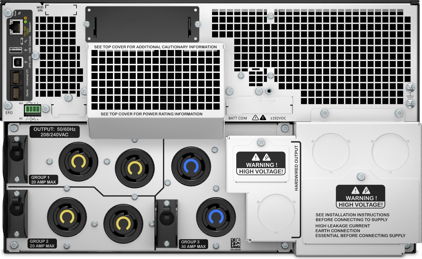 APC Smart-UPS On-Line, 10kVA/10kW, Rackmount 6U, 208V, 4x L6-20R+2x L6-30R NEMA outlets, Network Card+SmartSlot, Extended runtime, W/ rail kit [TAA] Hardware Detail