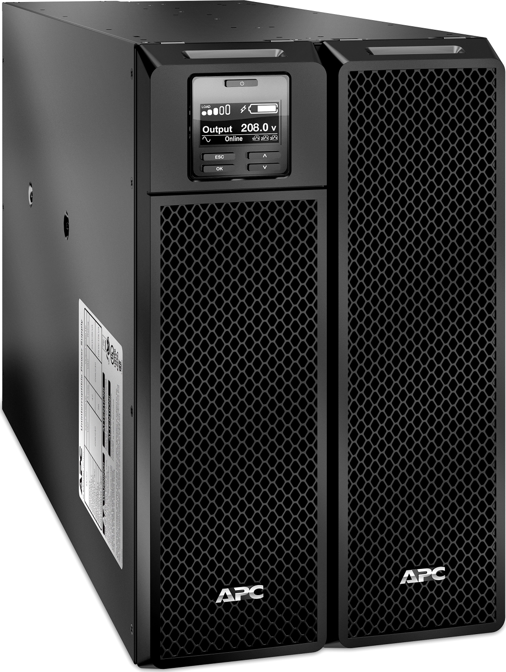 APC Smart-UPS On-Line, 10kVA/10kW, Rack/Tower, 208V, 4x L6-20R+2x L6-30R NEMA outlets, Network Card+SmartSlot, Extended runtime, W/O rail kit [TAA] Front View