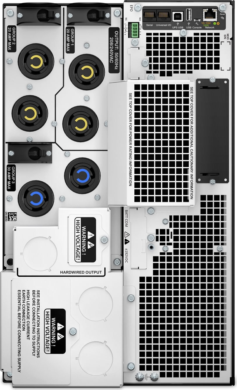 APC Smart-UPS On-Line, 10kVA/10kW, Rack/Tower, 208V, 4x L6-20R+2x L6-30R NEMA outlets, Network Card+SmartSlot, Extended runtime, W/O rail kit [TAA] Hardware Detail