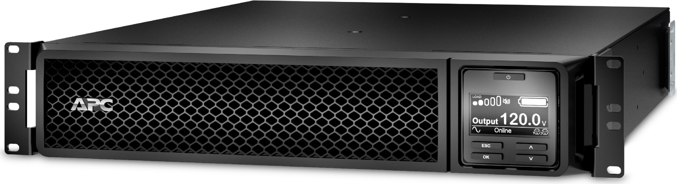 APC Smart-UPS On-Line, 2200VA, Rackmount 2U, 120V, 6x 5-20R+1x L5-20R NEMA outlets, Network Card, Extended runtime, W/ rail kit [TAA] Front View