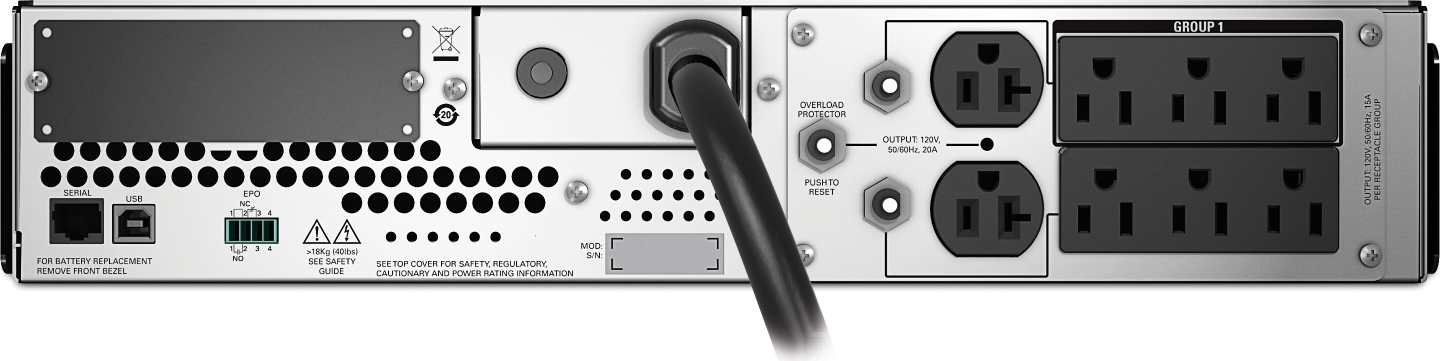 APC Smart-UPS On-Line, 2200VA, Rackmount 2U, 120V, 6x 5-20R+1x L5-20R NEMA outlets, SmartSlot, Extended runtime, W/ rail kit, W/ 10ft input cord Back View