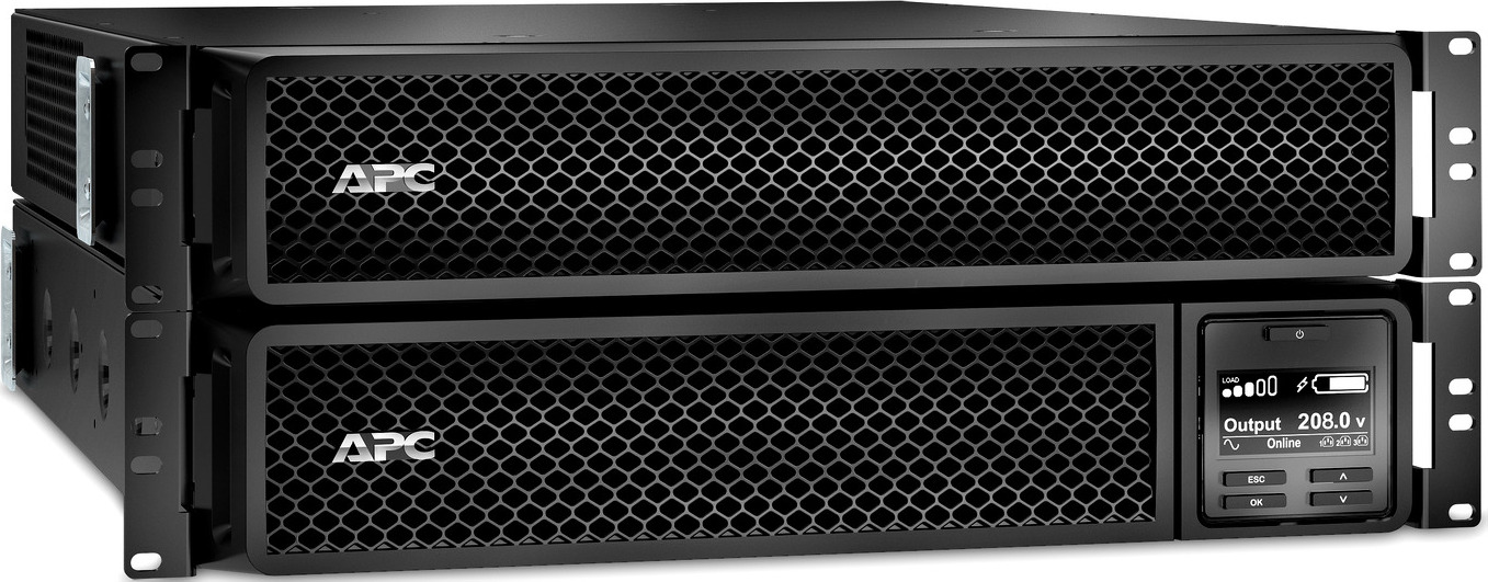 APC Smart-UPS On-Line, 3kVA, Rackmount 4U, 208V, 12x 5-20R+2x L6-20R NEMA outlets, SmartSlot, W/ transformer 208V to 120V, W/ rail kit Front View