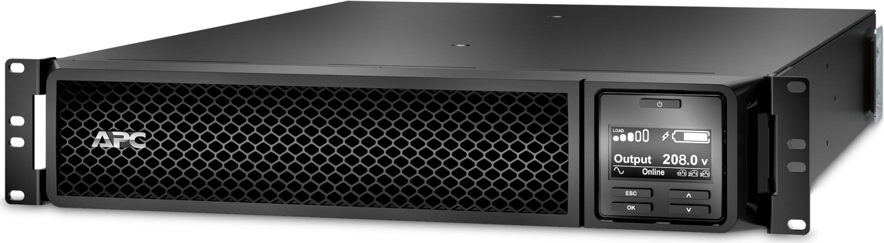 APC Smart-UPS On-Line, 3kVA, Rackmount 2U, 208V, 2x L6-20R+1x L6-30R NEMA outlets, SmartSlot, Extended runtime, W/ rail kit Front View