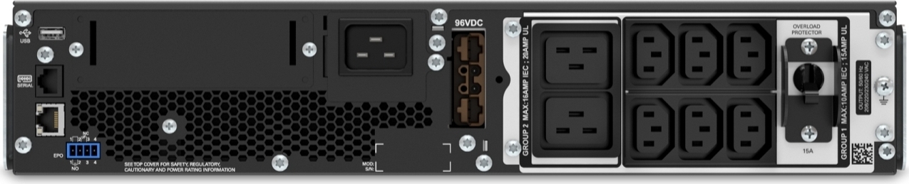 APC Smart-UPS On-Line, 3kVA, Rackmount 2U, 208V/230V, 6x C13+2x C19 IEC outlets, SmartSlot, Extended runtime, W/ rail kit Back View