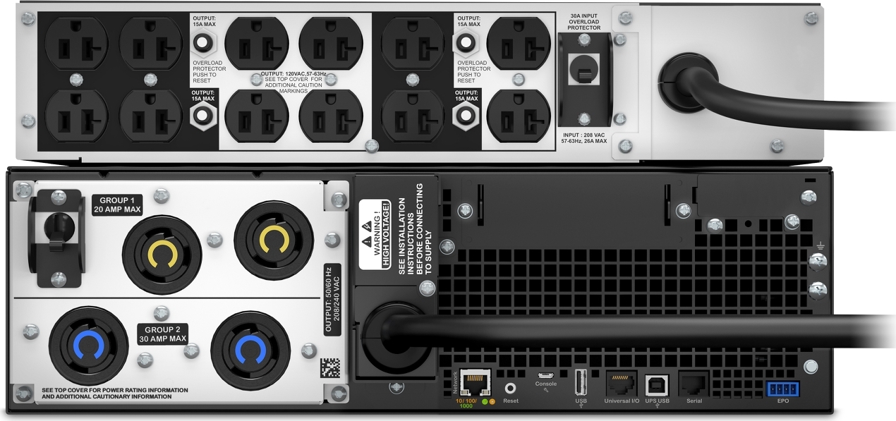 APC Smart-UPS On-Line, 5kVA, Rackmount 5U, 208V, 12 5-20R+2 L6-20R+2 L6-30R NEMA, Network Card+SmartSlot, W/ rail kit, W/ transformer 208V to 120V [TAA] Back View