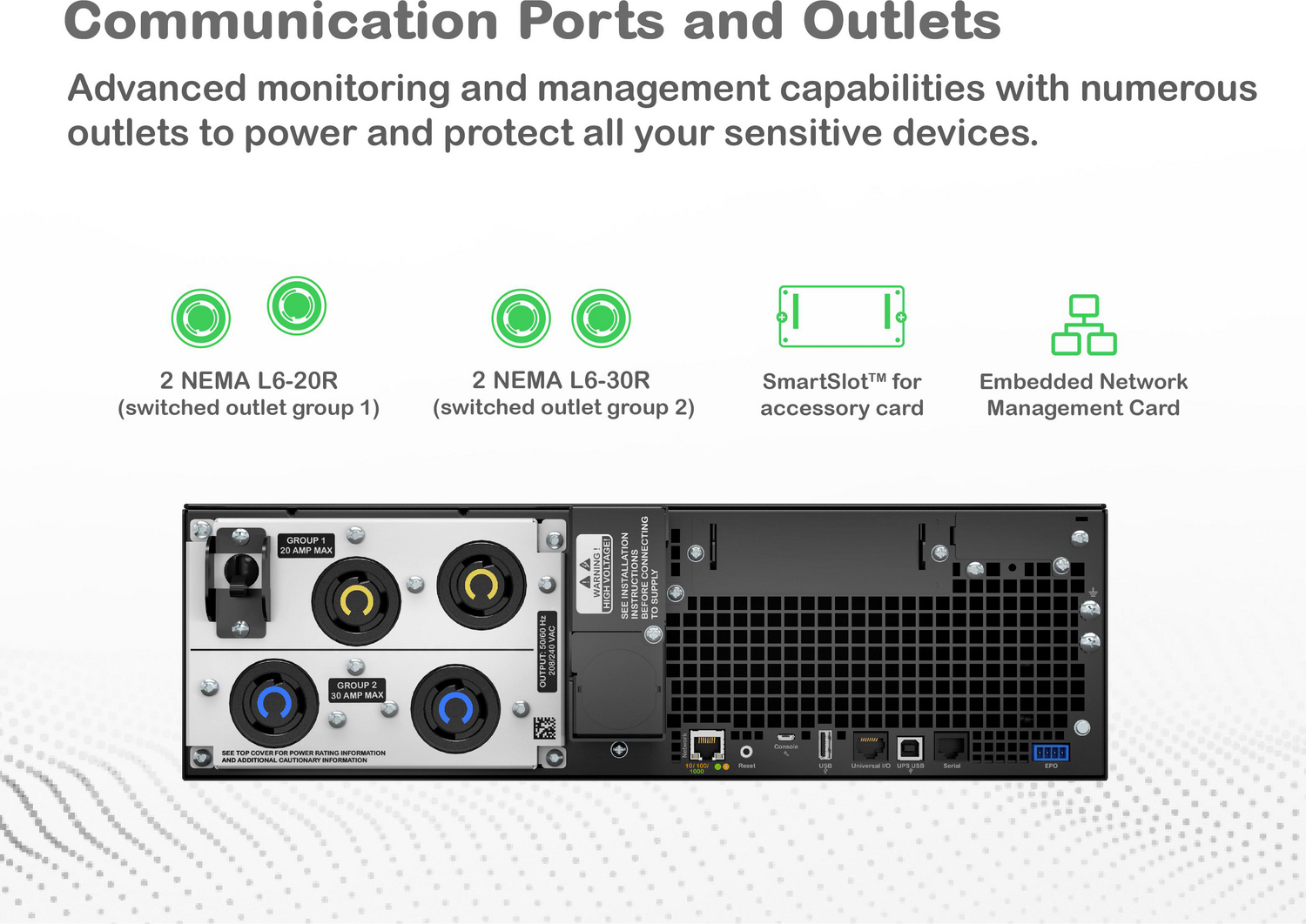 APC Smart-UPS On-Line, 5.4kVA, Rackmount 3U, 208V, 2x L6-20R+2x L6-30R NEMA outlets, Network Card+SmartSlot, Extended runtime, W/ rail kit View 16