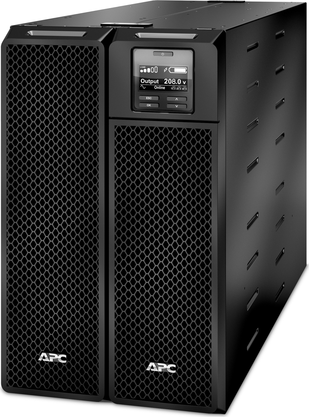 APC Smart-UPS SRT 5kVA, 208V, Tower w/o kit, 8x 5-20R, 4x L6-20R, 2x L6-30R, 1x L14-30R NEMA, w/transfo 208/240V to 120V Front View