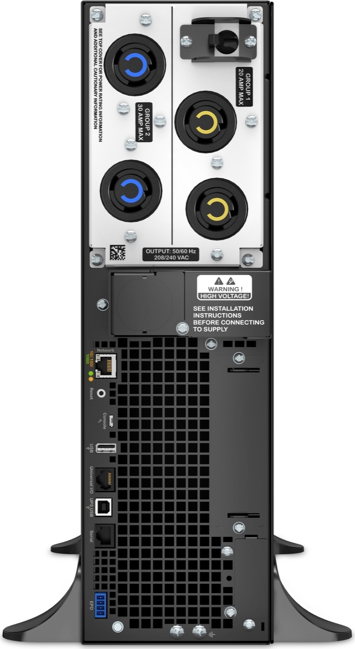 APC Smart-UPS On-Line, 5kVA, Rack/Tower, 208V, 2x L6-20R+2x L6-30R NEMA outlets, Network Card+SmartSlot, Extended runtime, W/O rail kit [TAA] Hardware Detail