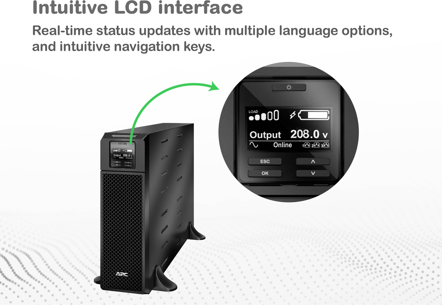 APC Smart-UPS On-Line, 5.4kVA, Tower, 208V, 2x L6-20R+2x L6-30R NEMA outlets, Network Card+SmartSlot, Extended runtime, W/O rail kit View 10