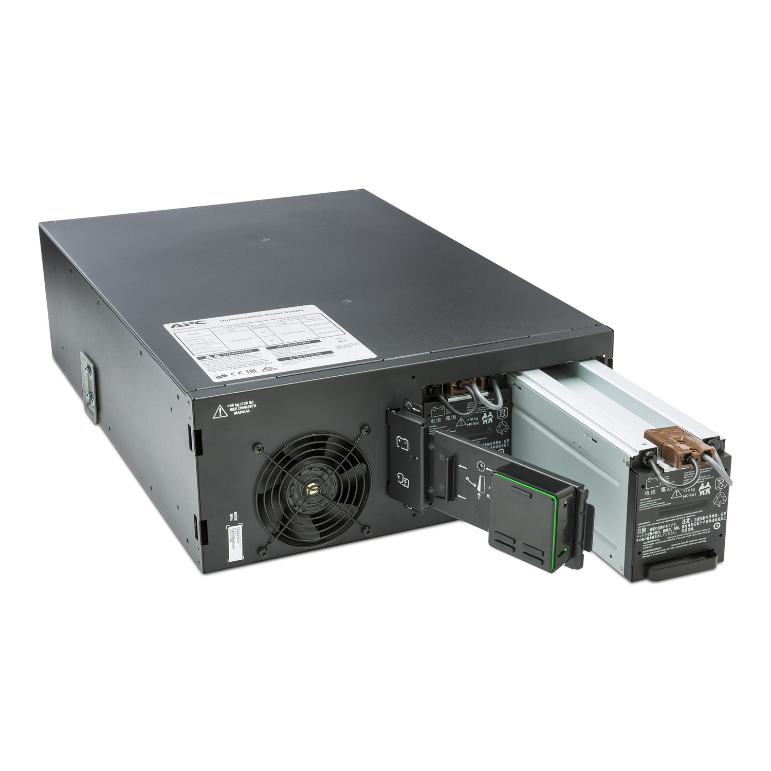APC Smart-UPS On-Line, 6kVA/6kW, Rackmount 4U, 230V, 6x C13+4x C19 IEC outlets, Network Card+SmartSlot, Extended runtime, W/ rail kit, Marine Back View
