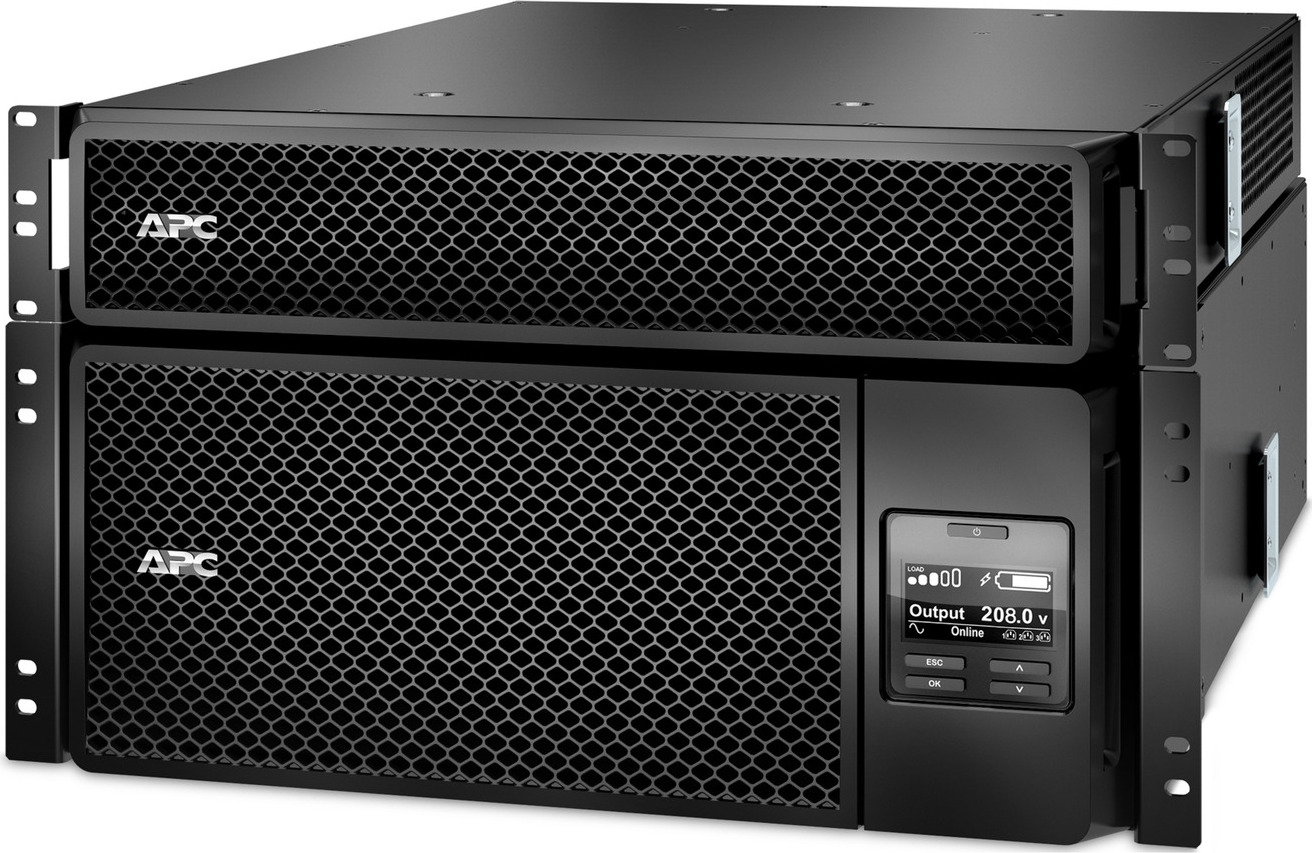 APC Smart-UPS On-Line, 6kVA/6kW, Rackmount 6U, 208V, 12x 5-20R+2x L6-20R+2x L6-30R NEMA, Network Card+SmartSlot, W/ transformer 208V-120V, W/ rail kit Front View