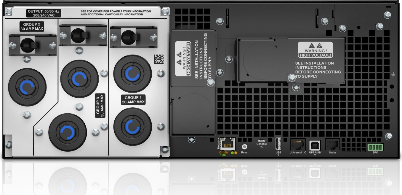 APC Smart-UPS On-Line, 6kVA/6kW, Rackmount 4U, 208V, 2x L6-20R+3x L6-30R NEMA outlets, Network Card+SmartSlot, Extended runtime, W/ rail kit [TAA] Back View