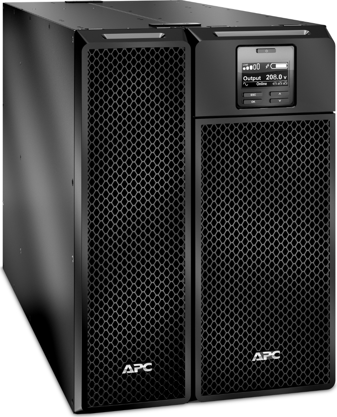APC Smart-UPS On-Line, 6kVA/6kW, Tower, 208V, 8x 5-20R+4x L6-20R+3x L6-30R+1x L14-30R NEMA, NMC+SmartSlot, W/ transformer 208V to 120V, W/O rail kit Front View