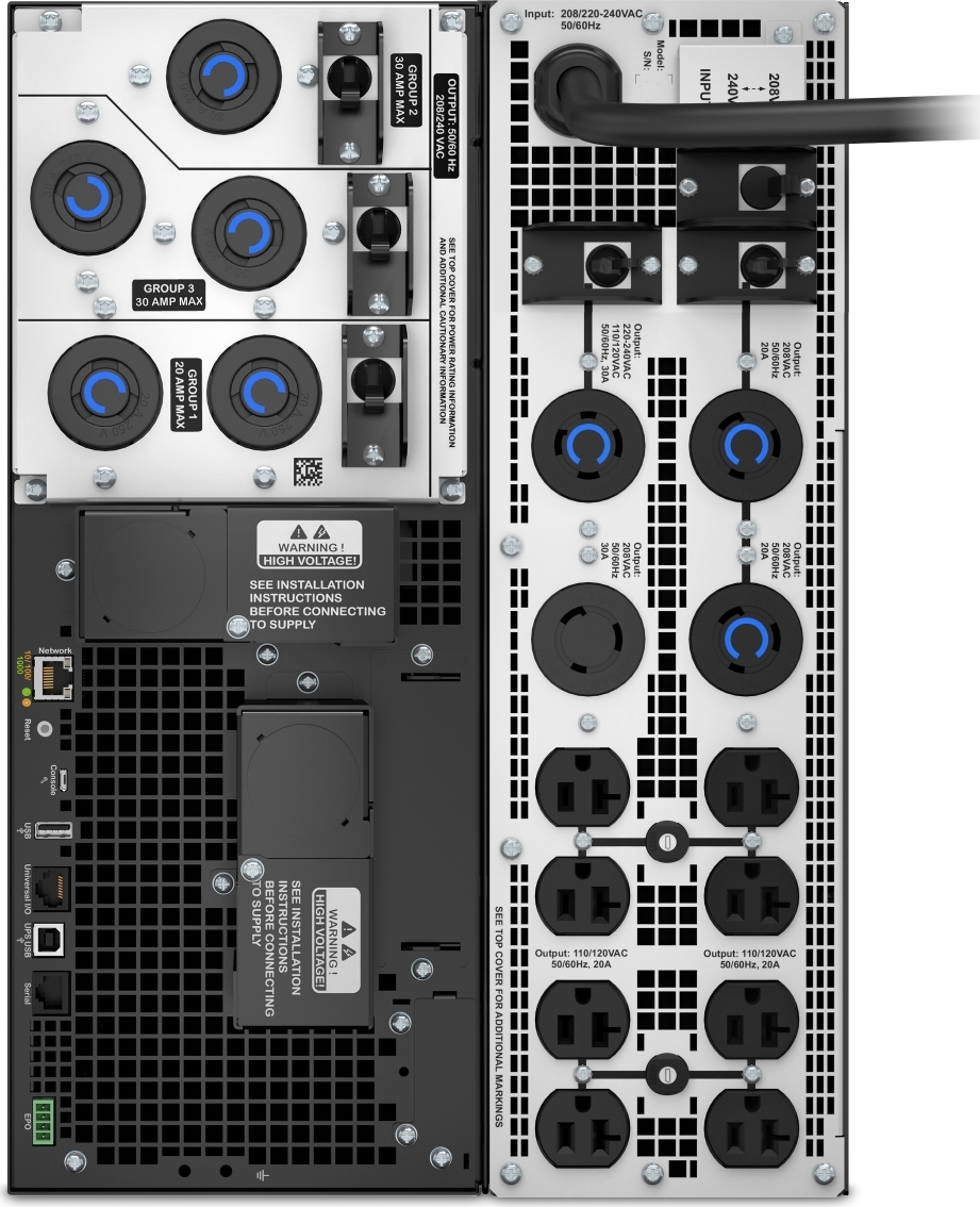 APC Smart-UPS On-Line, 6kVA/6kW, Tower, 208V, 8x 5-20R+4x L6-20R+3x L6-30R+1x L14-30R NEMA, NMC+SmartSlot, W/ transformer 208V to 120V, W/O rail kit Hardware Detail