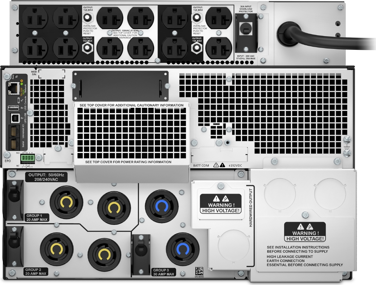 APC Smart-UPS On-Line, 8kVA/8kW, Rackmount 8U, 208V, 12x 5-20R+4x L6-20R+1x L6-30R NEMA, Network Card+SmartSlot, W/transformer 208V to 120V,W/rail kit View 5