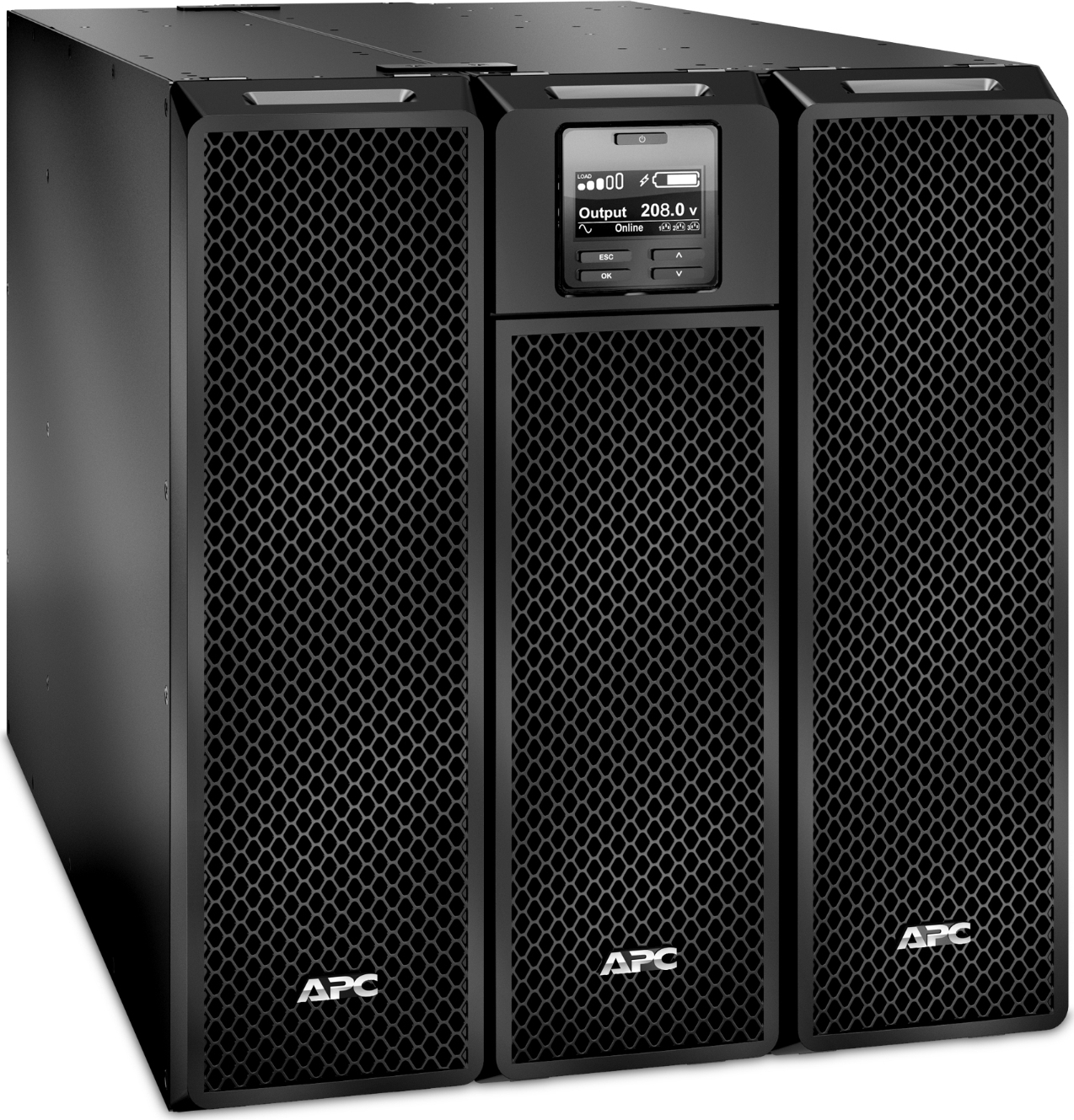 APC Smart-UPS On-Line, 8kVA/8kW, Tower, 208V, 8x 5-20R+6x L6-20R+2x L6-30R+1x L14-30R NEMA, NMC+SmartSlot, W/ transformer 208V to 120V, W/O rail kit Front View