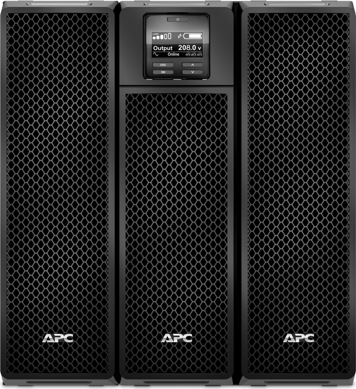 APC Smart-UPS On-Line, 8kVA/8kW, Tower, 208V, 8x 5-20R+6x L6-20R+2x L6-30R+1x L14-30R NEMA, NMC+SmartSlot, W/ transformer 208V to 120V, W/O rail kit Back View