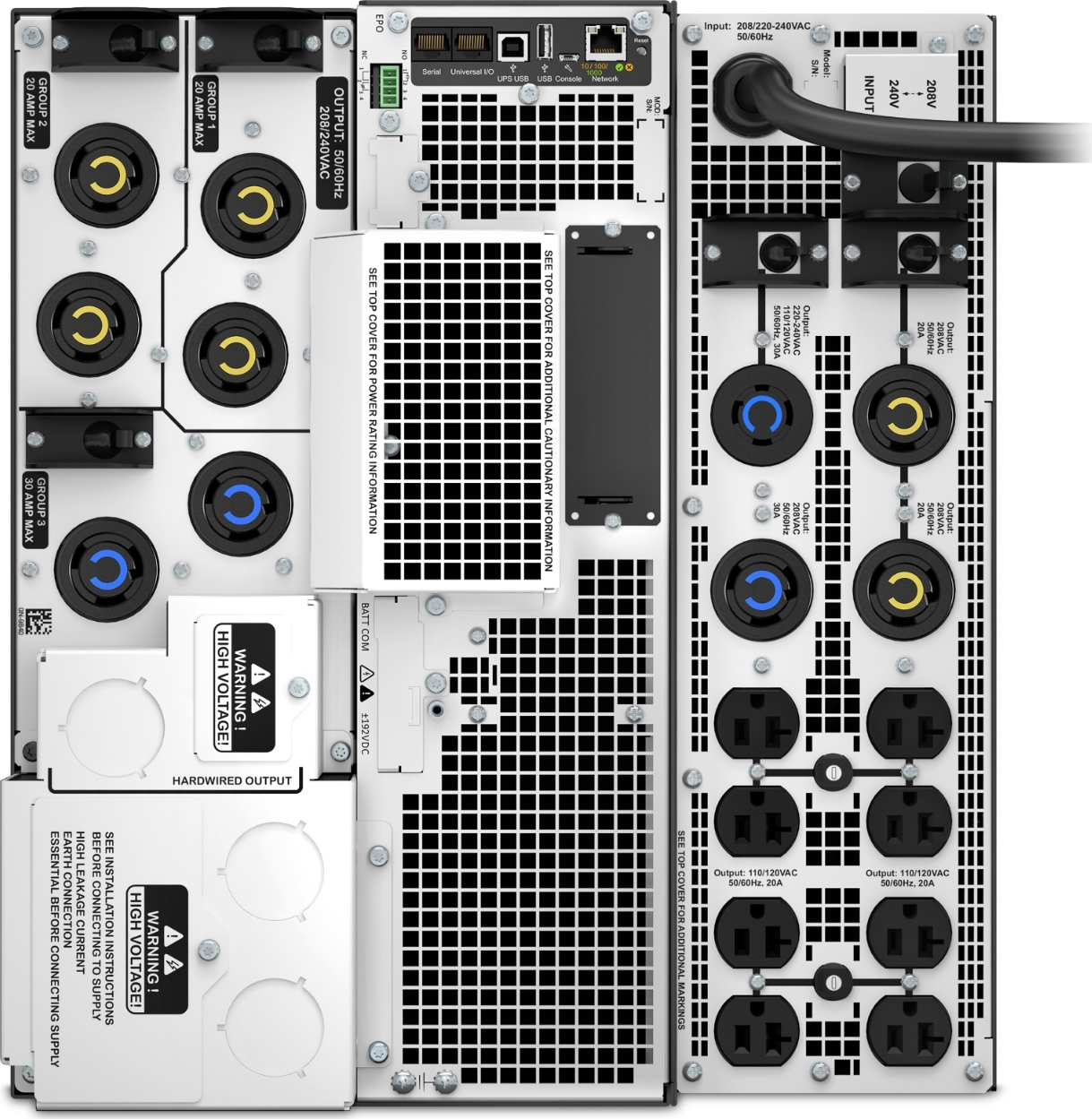 APC Smart-UPS On-Line, 8kVA/8kW, Tower, 208V, 8x 5-20R+6x L6-20R+2x L6-30R+1x L14-30R NEMA, NMC+SmartSlot, W/ transformer 208V to 120V, W/O rail kit Hardware Detail