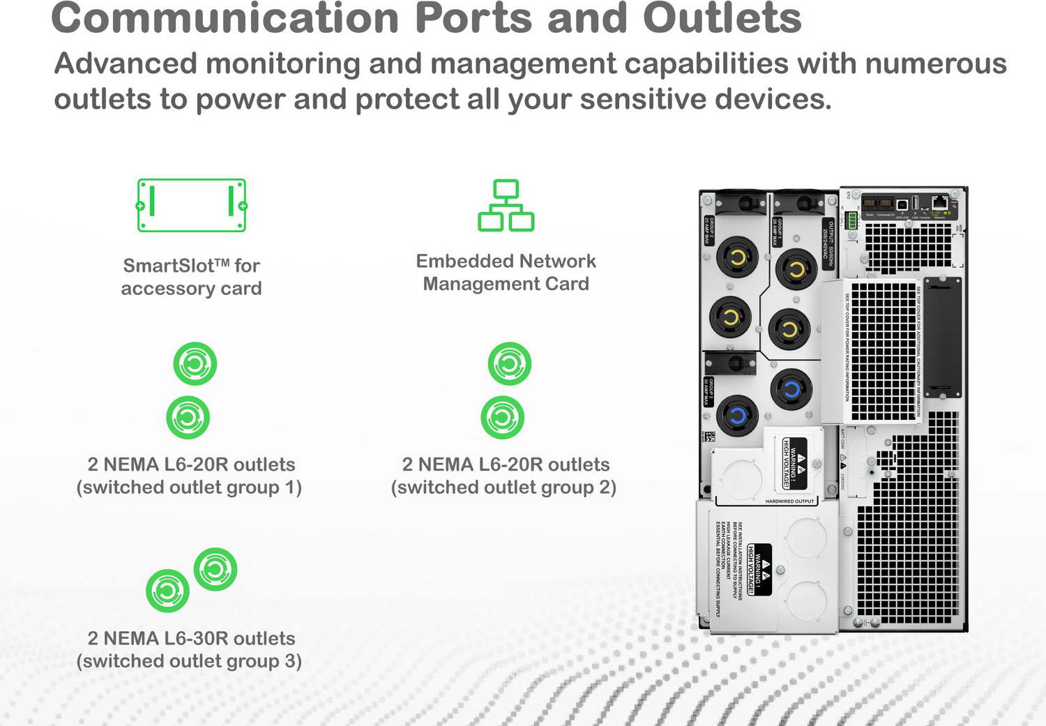 APC Smart-UPS On-Line, 8kVA/8kW, Tower, 208V, 4x L6-20R+2x L6-30R NEMA outlets, Network Card+SmartSlot, Extended runtime, W/O rail kit View 15