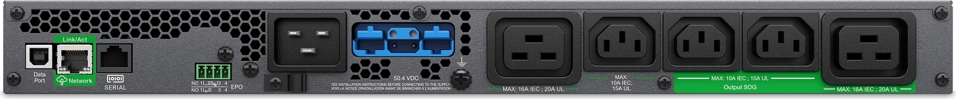 APC Smart-UPS Ultra On-Line, 2200VA, Lithium-ion, Rack/Tower 1U, 208/230V, 3x C13, 2x C19 IEC outlets, SmartConnect, Extended runtime, W/rail kit Front View