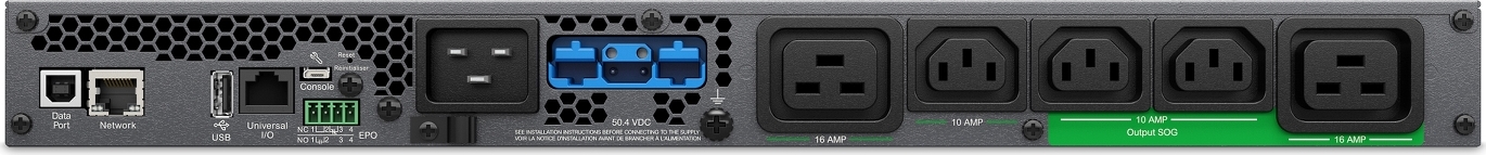 APC Smart-UPS Ultra On-Line, 3000VA, Lithium-ion, Rack/Tower 1U, 230V, 3x C13, 2x C19 IEC outlets, Network Card, Extended runtime, W/rail kit Front View