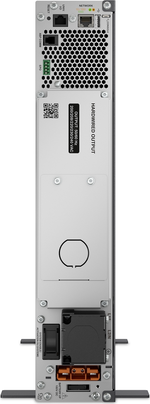 APC Smart-UPS Ultra On-Line, 5000VA, Lithium-ion, Rack/Tower 2U, 230V, Hardwired 3-Wire Output, Network Card, Extended runtime, W/rail kit Back View